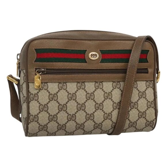 GUCCI GG Supreme Web Sherry Line Bag PVC Beige Gold 56 02 087 Auth BD1279 - Picture 1 of 16